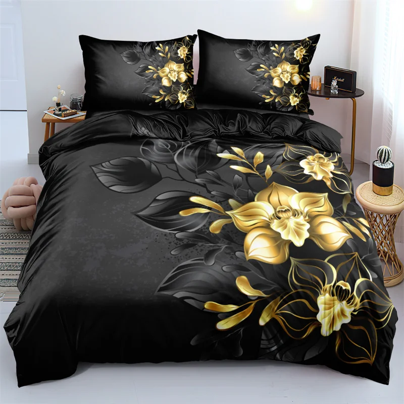 3D Design Flower Duvet Cover Sets King Queen Twin Size Floral Print Bedding Set Bedroom Decor Dark Gold Flowers for Girls Women