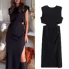 TRAFZA 2023 Women Elegant Cut Out Black Dress Sleeveless Midi Party Dresses Woman Ruched Dress Evening Summer Long Dresses