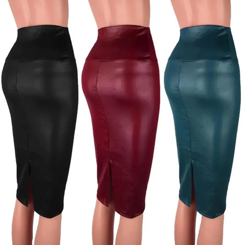 New Leather Skirt Back Split Women Sexy Bodycon Pencil Skirt Sexy Office Lady Pencil Package Skirts High Waist Summer Long Skirt