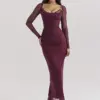 Mozision Elegant Sheer Long Sleeve Sexy Maxi Dress For Women Fashion Mesh Strapless Backless Club Party Sexy Long Dress 2024