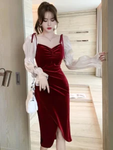2023 Spring Elegant Sweet Girly Women Midi Dress Red Velvet Bow Bubble Sleeve Split Lady Clothes Party Office Femme Robe Vestido - Image 6