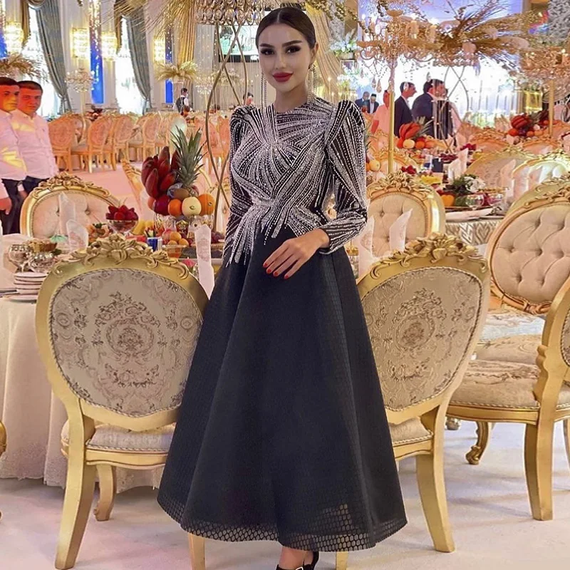 Sharon Said Luxury Black Short Muslim Evening Dress Long Sleeve Elegant A-Line Arabic Women Party Prom Formal Dresses