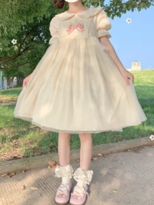 KIMOKOKM Summer French Sweet Girly Tender Dress Peter Pan Collar Kawaii Princess Puff Sleeve Temperament Ruffles Mini Dress - Image 3