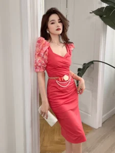 Summer Women Midi Dress Sweet Elegant Girly Floral Appliques Puff Sleeve 3D Flower Belt Bag Hip Slit Gown Mujer Party Vestidos - Image 4