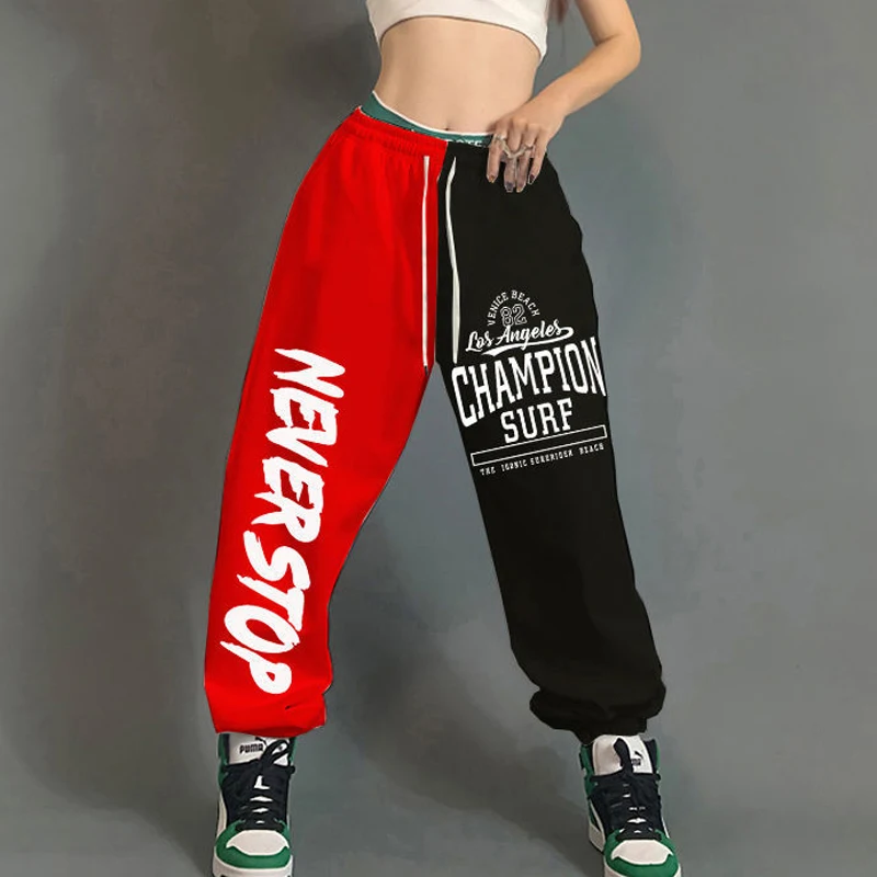 Fashion Patchwork Streetwear Women Harem Pants Summer Loose Elastic Drawstring Sweatpants High Waist Korean Harajuku Trousers