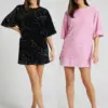 Sexy Women Sequined Mini Dress Short Sleeve Backless Casual Dresses O Neck Lace Up Party Club New Year Dress Vestidos
