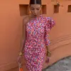 Elegant Women Diagonal Shoulder Printed Slim Long Dress Fashion Asymmetric Long Puff Sleeve Maxi Dresses Lady Party Club Vestido