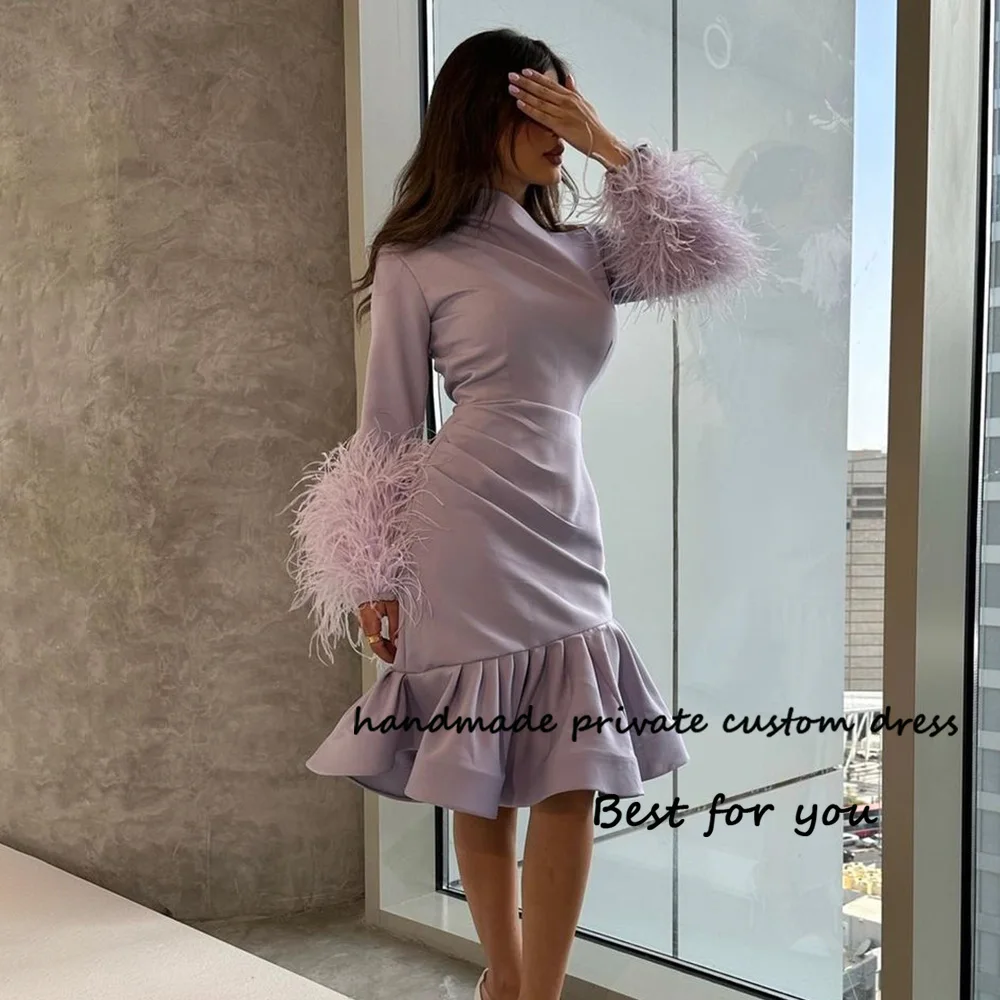 Lavender Mermaid Evening Dresses Feather Long Sleeve Saudi Arabic Party Prom Dress Tea Length Dubai Occasion Gonws Outfits 2023