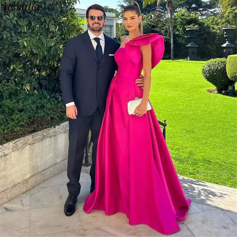 Itsmilla Ruffle One-Shoulder Satin Fuchsia Prom Wedding Party Dress Vestidos De Gala Mujer A Line Long Formal Evening Dresses