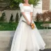 2023 Summer Elegant White Wedding Bride Dress Women Korean Simple Square Collar A-LINE Party Dress Female Short Sleeve Dress