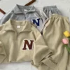 Waffle Handsome Two-piece Set Women Summer HongKong Tops Wide Leg Shorts Short-sleeved Shirt Letter Shorts Casual Sports Suit - Image 3