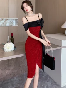 Red Patchwork Black Bow Chic Gala Dresses Woman Summer Elegant Bodycon Sling Sexy Dress 2024 Korean Luxury Party Evening Dresses - Image 2