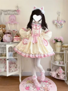 KIMOKOKM Kawaii Lolita Ruffles Full Sleeve Dress Sweetheart Peter Pan Collar Cosplay Princess Bow Vitality Girly Loli Mini Dress - Image 4