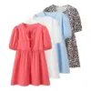 TRAF Women Bow Tied Shirt Style Robe Dresses 2024 Summer Puff Sleeve O Neck A Line Female Sweet 4 Color Mini Dress Y2K