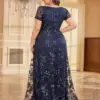 XUIBOL Plus Size Elegant Floral Blue Tulle V-Neck Evening Dress Women Short Sleeve Wedding Party Long Maxi Cocktail Dress Prom