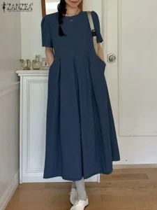 Casual Women Denim Dress ZANZEA 2023 Summer Short Sleeve Pleated Midi Dress Korean Style Short Sleeve Vestidos Round Neck Robes - Image 4