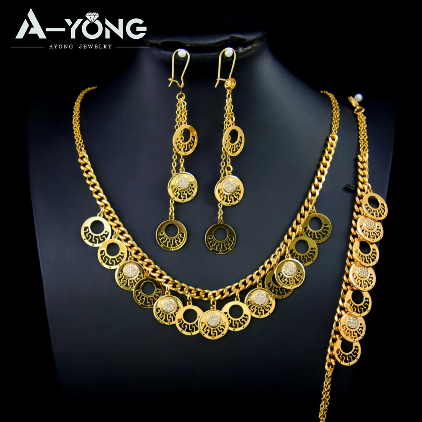 Luxury Arab Gold Color Necklace Set 21k Copper Gold Plated Italian Tassel Round Pendants Dubai Women Wedding Party Jewelry