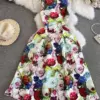 Summer Elegant Floral Jacquard Midi Dress For Women's Sleeveless A-Line Beach Sundress Party Vestidos Female One Piece Clothes