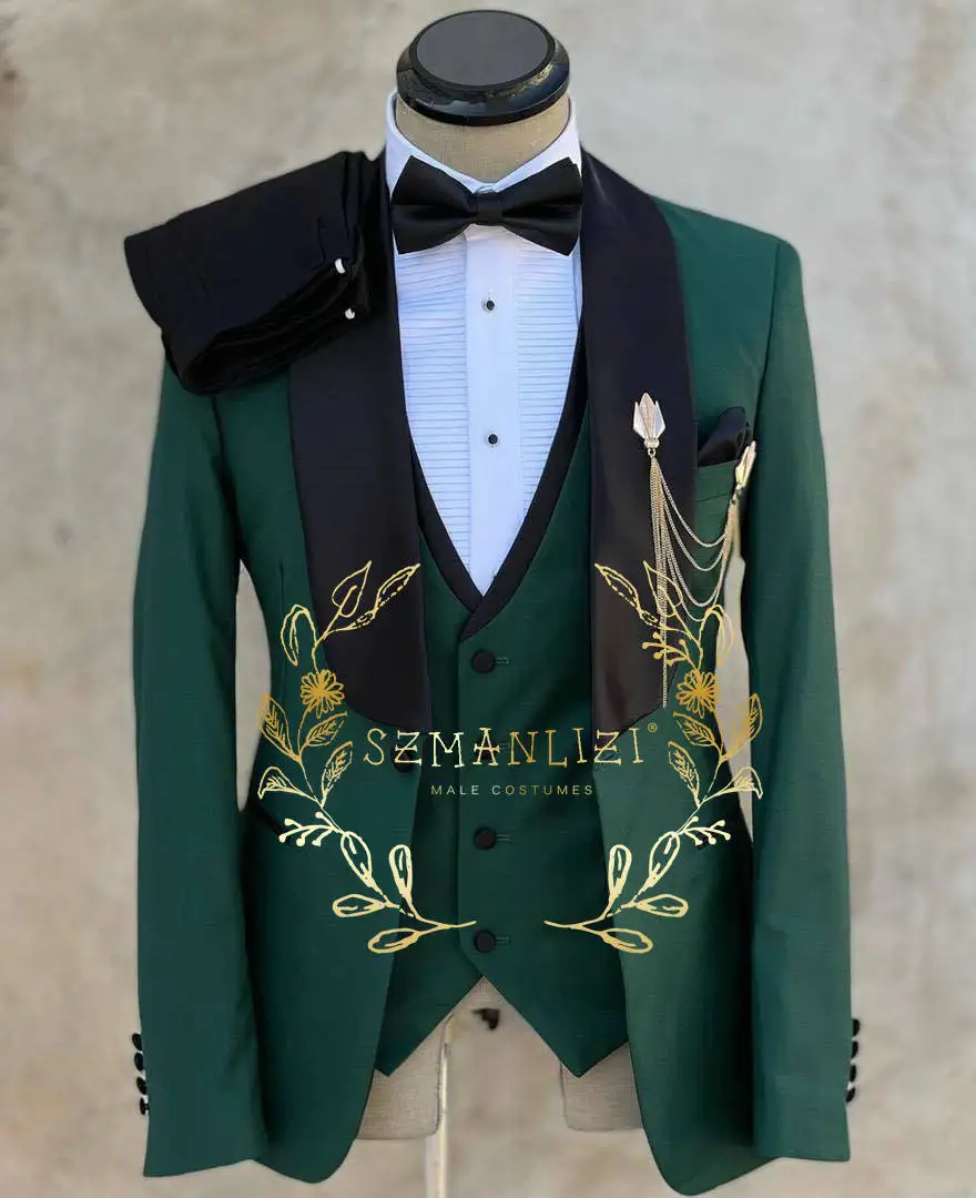 2023 Tailor-Made Dark Green Wedding Men Suit Slim Fit Tuxedo 3 Pieces Suits Groom Prom Blazer Sets Terno Masculino Suit