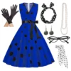 Women's Rockabilly Dress Polka Dots Swing Flare Dress with Accessories Set Earrings Necklace Headband Glasses Gloves Dress - Image 4