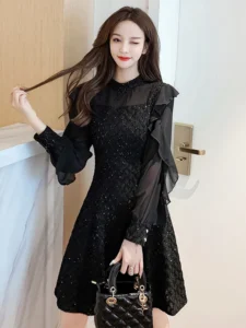 Autumn Winter Stand Collar Ruffles Mesh Patchwork Mini Dress Women Long Sleeve Elegant Fashion Bright Silk A-line Dresses Robe - Image 3