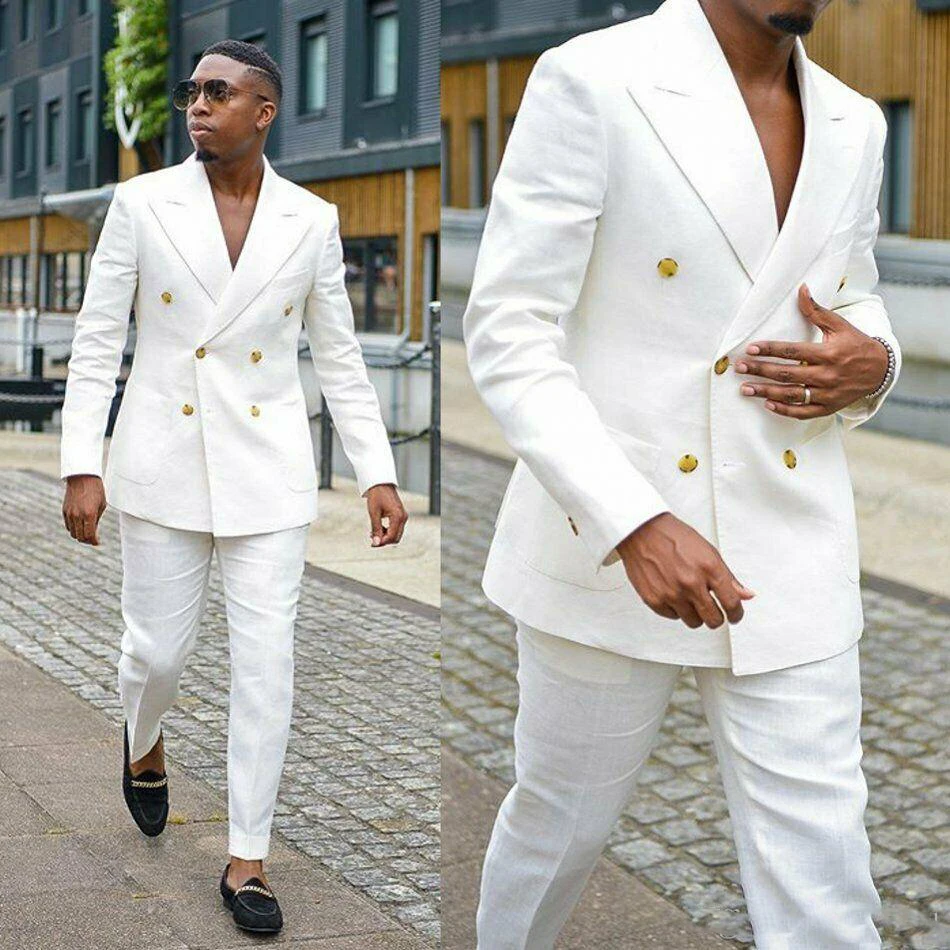 Handsome Men's Formal White Suits Groom Wear Double Breasted Party Wedding Peaked Lapel Tuxedos(Jacket Pants)