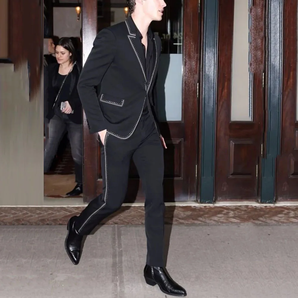Men Luxury Black 2Pc Suit Single Breasted Silver Embellished Elegant Groomsmen Wedding Dinner Prom Party Personalized Coat Pant