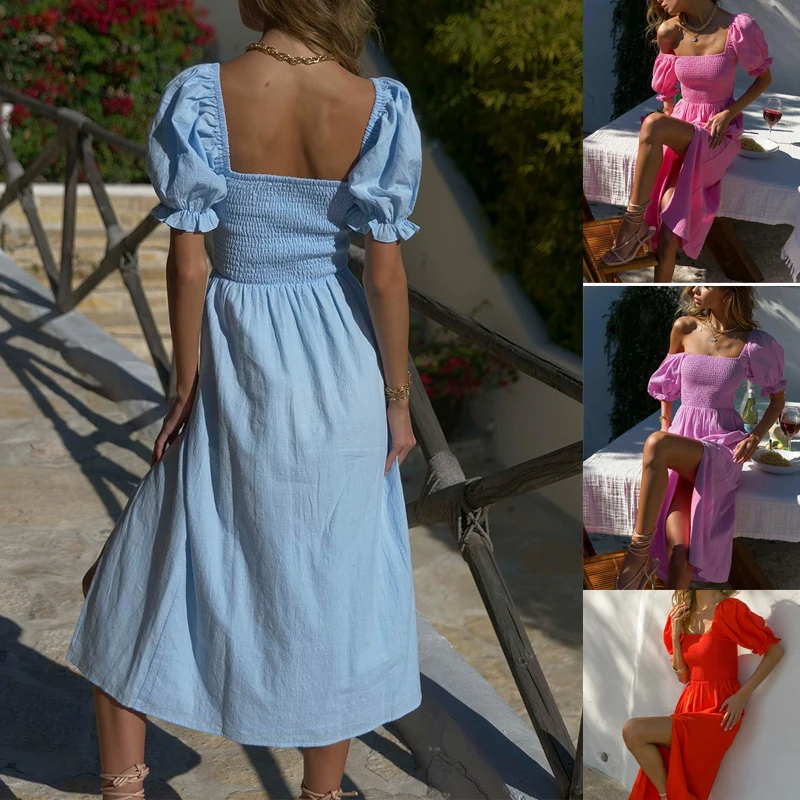 Bohemian Long Dress Women Summer 2024 New In Short Sleeve Solid Color Vintage Dress Female Fashion Elegant Party Beach Dress