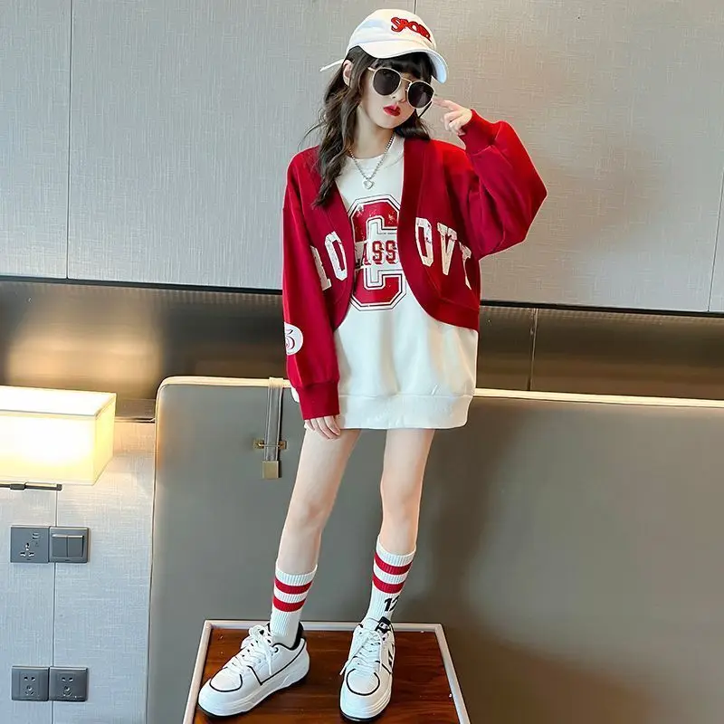 Spring Autumn Girls Clothes Sets Letter Fake Two Pieces Sweatshirt Outfits 5 6 7 8 9 10 12 14 years Casual Kids Clothing