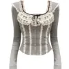 Autumn Women French Vintage Aesthetic Long Sleeve T-Shirts Mori Girl Lace Coquette Square Collar Crop Tops Maillard Fairy Core