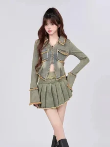 2023 Autumn Korean Fashion Vintage Tide Denim Rave Outfits 2 Piece Set Long Sleeve Jean Jacket Y2K Gyaru Mini Pleated Skirts - Image 2