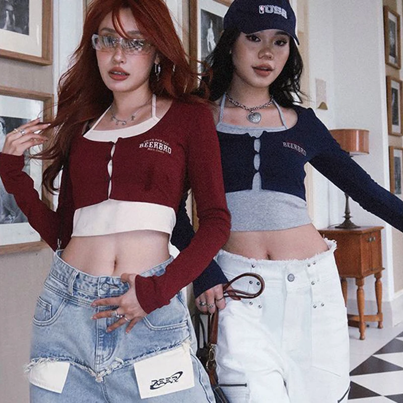 Hot girl Stitching Letter Print Crop Tops y2k Women T-shirt Grunge Clothes Korean Fashion Long Sleeve Fake Two-Piece Streetwear