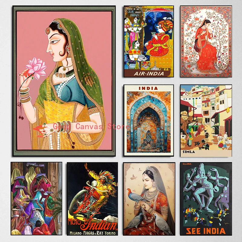 India Vintage Travel Posters Royal Princess with Lotus Canvas Painting Prints Folk Wall Art Pictures For Living Room Home Decor