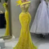 Yellow Feathers Dubai Mermaid Evening Dresses Arabic Sparkly Tassels Crystal Beaded Formal Wedding Prom Gowns Engagement vestido