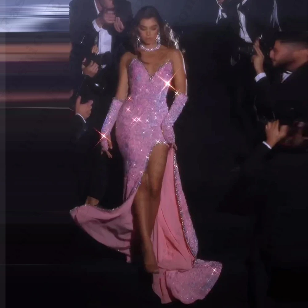 Luxurious Sparkling Beading Evening Dresses For Women Sexy Off Shoulder Long Sleeved High Slit Fashion Elegant Party Prom Gowns