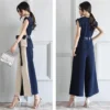 2024 Summer Korean Version New Temperament Fashion V-neck Sleeveless Top Wide Leg Color Matching Two Piece Women's Pants Set - Image 5