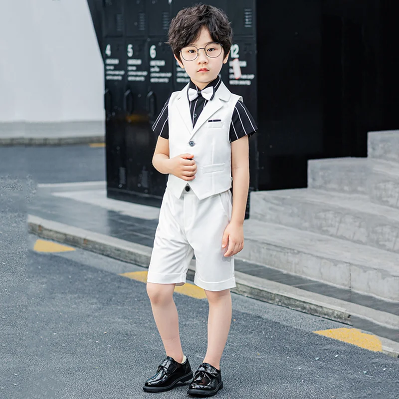 Children Summer Vest Shorts Tie 3PCS Formal Dress Kids Wedding Photography Suit Boys Ceremony Uniforms Toddler Tuxedo Costume