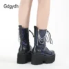 Gdgydh Blue Chunky Platform Boots Women Mid Calf Combat Boots Chains Metal Decoration Gothic Rave Shoes Cosplay Accessories Goth - Image 3