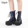 Gdgydh Blue Chunky Platform Boots Women Mid Calf Combat Boots Chains Metal Decoration Gothic Rave Shoes Cosplay Accessories Goth - Image 2