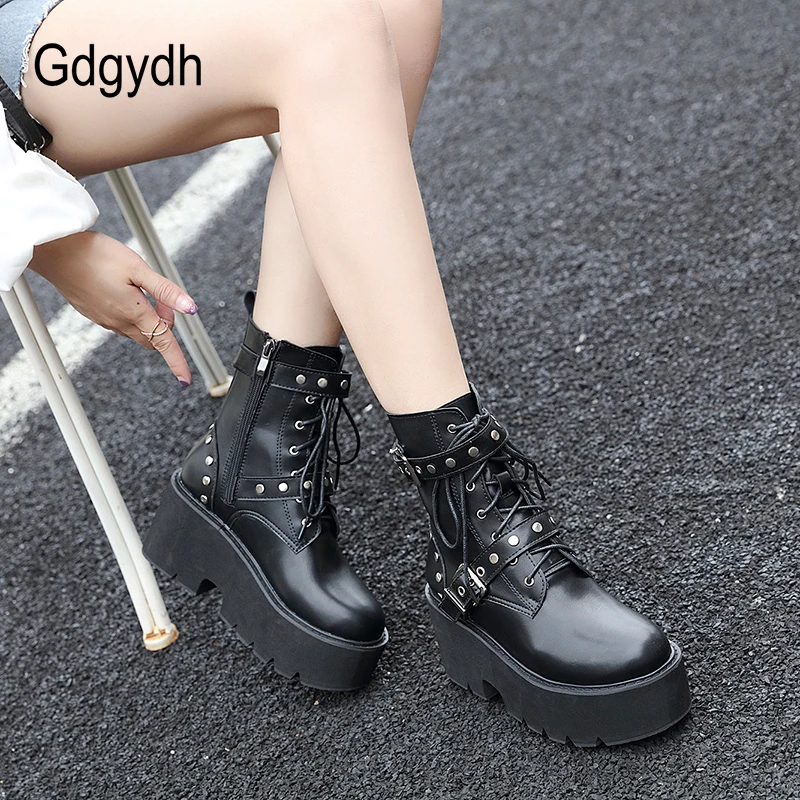 Gdgydh Vintage Rivet Fall Heeled Boots Women Platform Ankle Boots Buckle Decor Black Chunky Wedge Gothic Nightclub Party Shoes - Image 3
