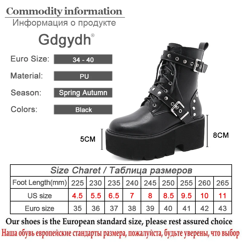 Gdgydh Vintage Rivet Fall Heeled Boots Women Platform Ankle Boots Buckle Decor Black Chunky Wedge Gothic Nightclub Party Shoes - Image 6