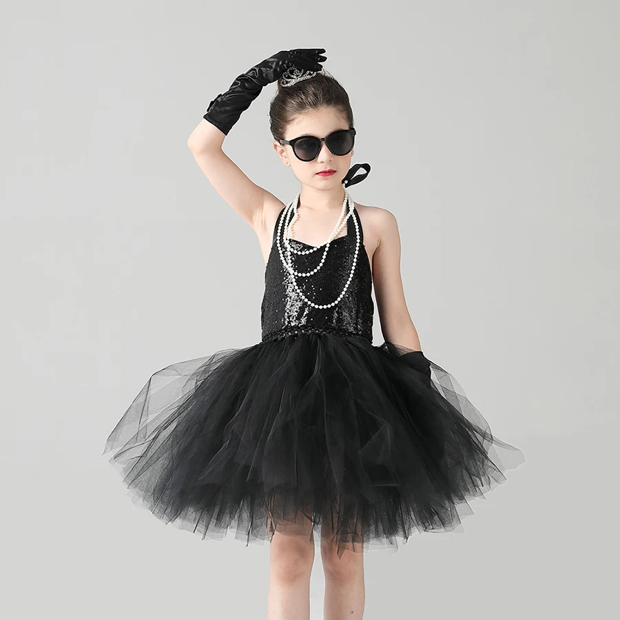 Child's Breakfast at Tiffany's Holly Golightly Costume Set Sequin Black Audrey Hepburn Tutu Dress Kids Birthday Party Prom Dress (5)