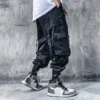 Men's Ribbon Straps Studded Techwear Jogger Punk Ankle Cargo Pants Black - Image 3