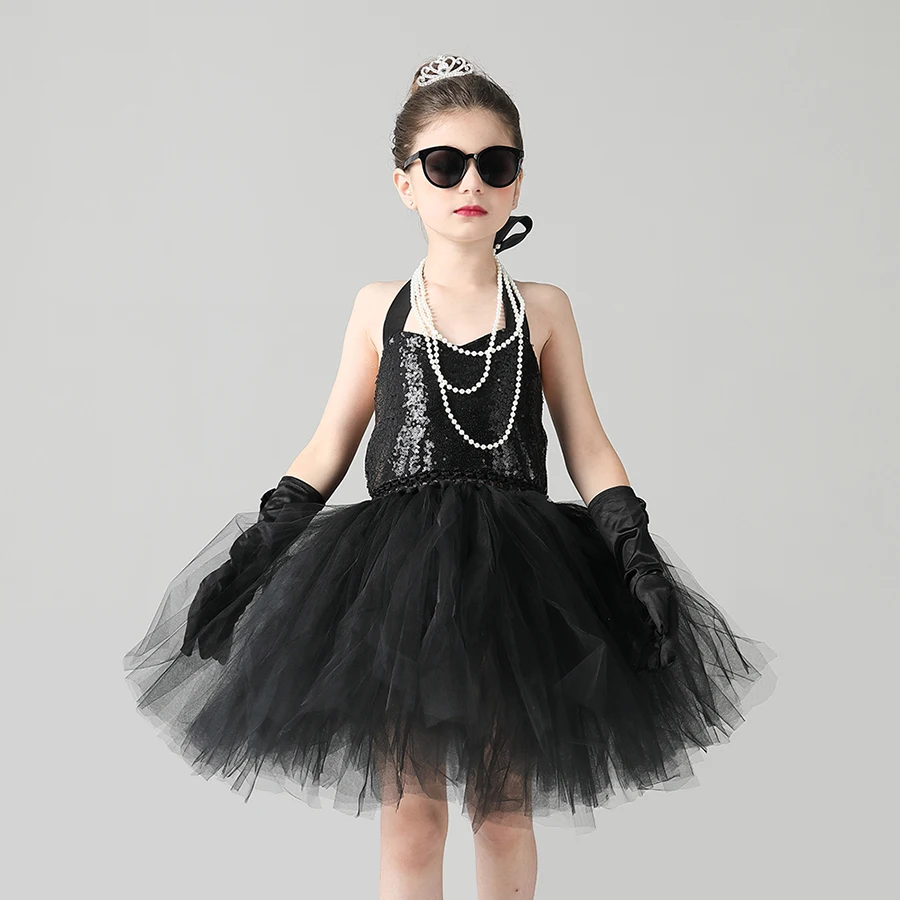 Child's Breakfast at Tiffany's Holly Golightly Costume Set Sequin Black Audrey Hepburn Tutu Dress Kids Birthday Party Prom Dress (1)