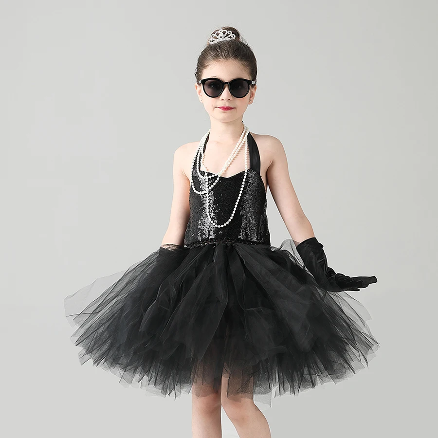 Child's Breakfast at Tiffany's Holly Golightly Costume Set Sequin Black Audrey Hepburn Tutu Dress Kids Birthday Party Prom Dress (9)