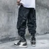 Men's Ribbon Straps Studded Techwear Jogger Punk Ankle Cargo Pants Black - Image 5