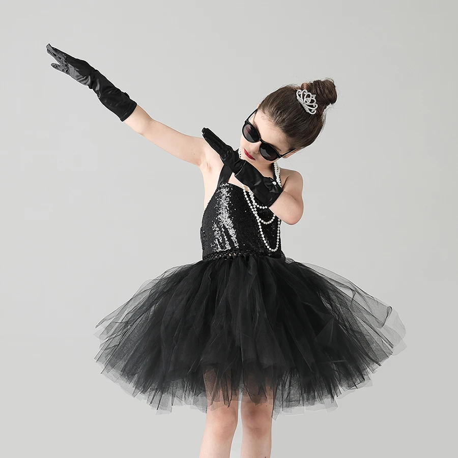 Child's Breakfast at Tiffany's Holly Golightly Costume Set Sequin Black Audrey Hepburn Tutu Dress Kids Birthday Party Prom Dress (6)
