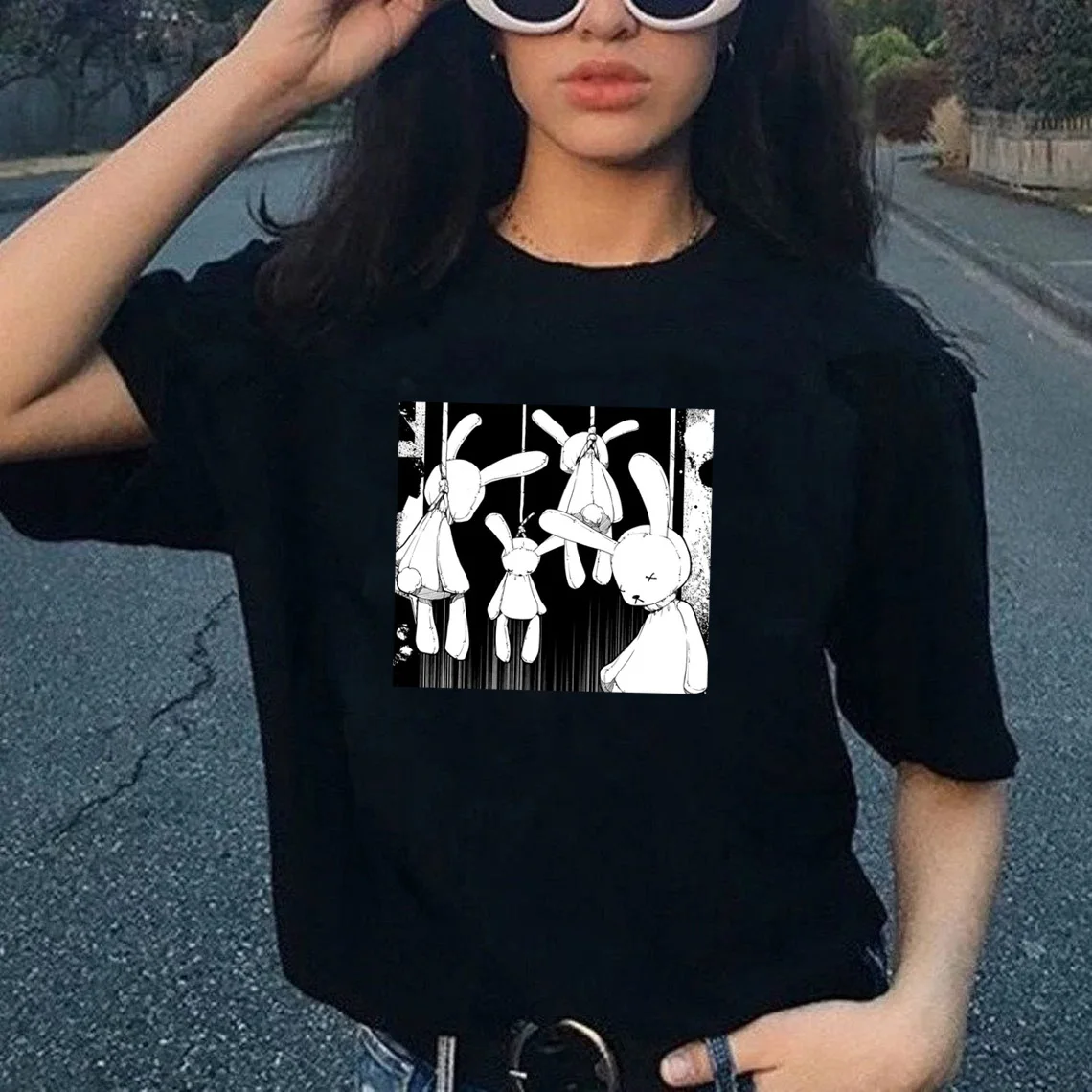 harajuku goth anime rabbit gothic t-shirt women 100% Cotton funny graphic grunge tumblr Fashion casual unisex tee top tshirt