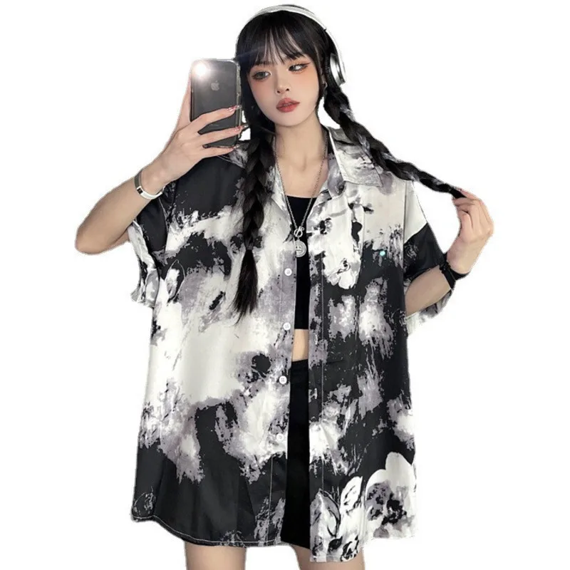 Summer Harajuku Punk Gothic Black Blouse Top Women Tie Dye Oversized Shirts Vintage Loose Casual Streetwear Hip Hop Clothes