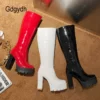 Gdgydh Patent Leather Platform Long Boots Gothic Black White Fashion Square Heel Knee High Boots Women With Zipper Good Quality - Image 5